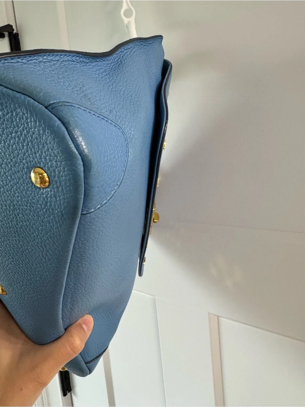 MCM Blue Leather Top-Handle Satchel with Gold Hardware